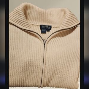 Vintage Ralph Lauren Cream Ribbed Zip-Up High Neck Heavy Ribbed Cotton Sweater L